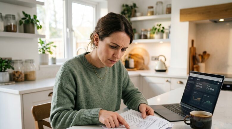 Person reviewing bank statement surprised by savings account hidden fees