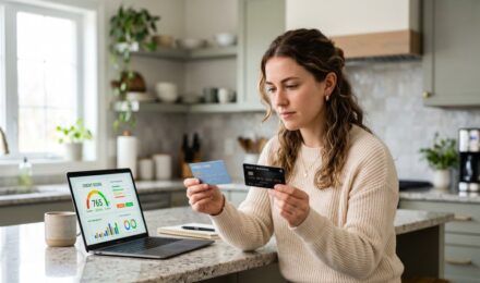 Side-by-side comparison of a secured credit card and unsecured credit card on a desk with a credit score report
