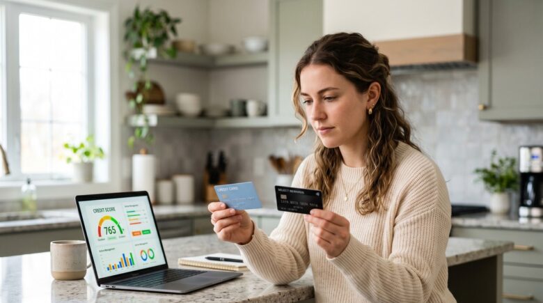 Side-by-side comparison of a secured credit card and unsecured credit card on a desk with a credit score report