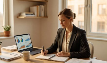Self-employed professional reviewing retirement plan options at a desk with financial documents