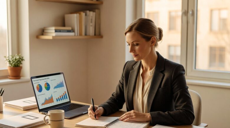 Self-employed professional reviewing retirement plan options at a desk with financial documents