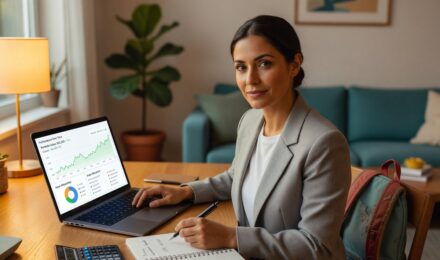 Single mom reviewing investment portfolio on laptop at home kitchen table