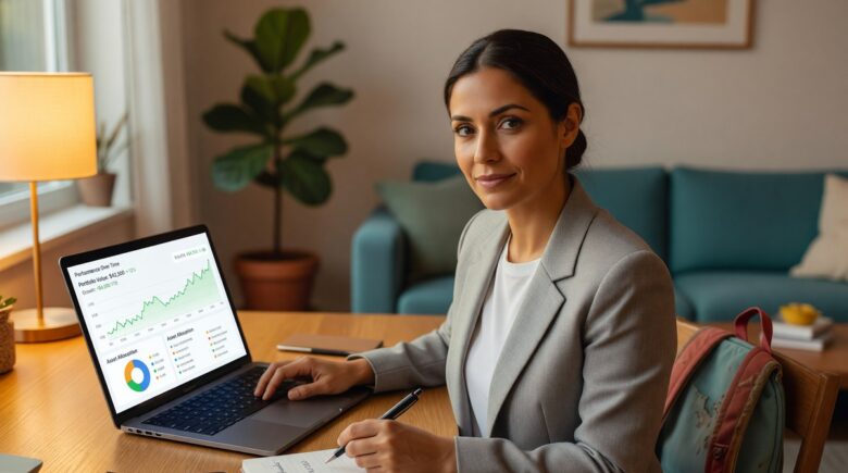 Single mom reviewing investment portfolio on laptop at home kitchen table