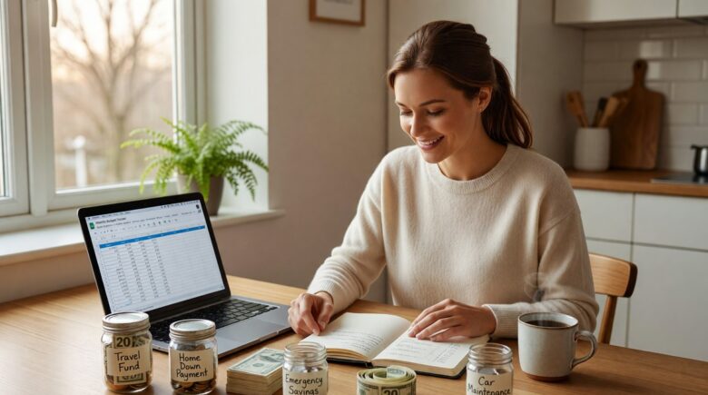 Person organizing sinking fund budgeting categories in a savings planner