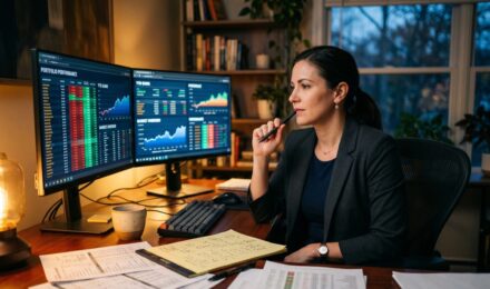 Investor reviewing tax loss harvesting strategy on laptop with portfolio charts and tax documents