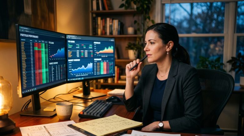 Investor reviewing tax loss harvesting strategy on laptop with portfolio charts and tax documents