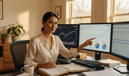 Person in their 30s reviewing a wealth-building financial plan at a desk