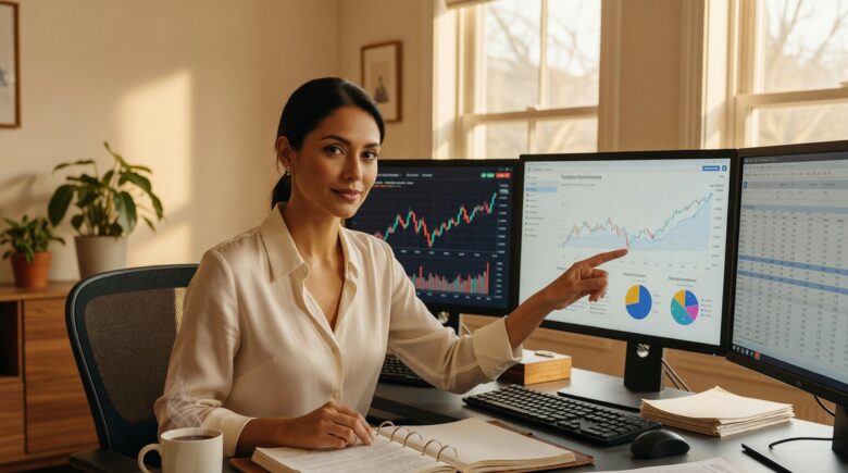 Person in their 30s reviewing a wealth-building financial plan at a desk