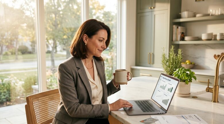 Person reviewing finances at a desk with a chart showing prime rate trends in the background