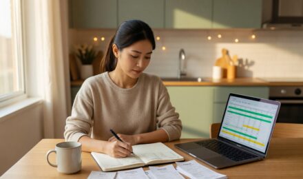 Person using a notebook and calculator to create a zero-based budget plan