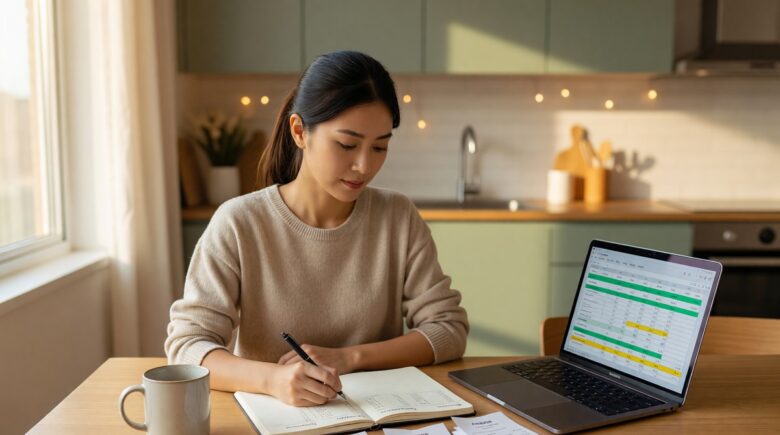 Person using a notebook and calculator to create a zero-based budget plan