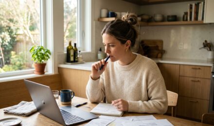 Person reviewing annual expenses on a budgeting spreadsheet with a calendar and calculator on a desk