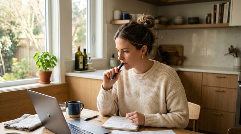 Person reviewing annual expenses on a budgeting spreadsheet with a calendar and calculator on a desk