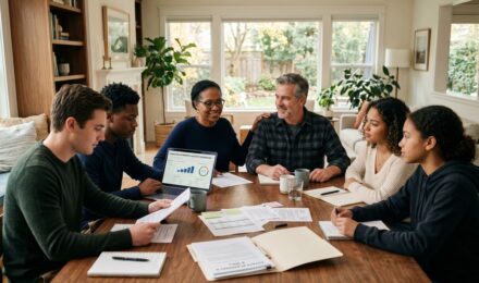 A blended family of adults and children sitting together at a table reviewing financial and estate planning documents