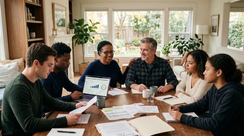 A blended family of adults and children sitting together at a table reviewing financial and estate planning documents
