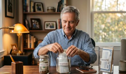 Retiree reviewing a bucket strategy retirement income plan with financial charts on a desk