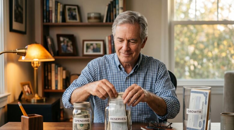 Retiree reviewing a bucket strategy retirement income plan with financial charts on a desk