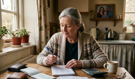 Older widow reviewing monthly budget papers at kitchen table with calculator and notebook