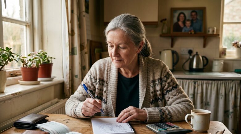 Older widow reviewing monthly budget papers at kitchen table with calculator and notebook