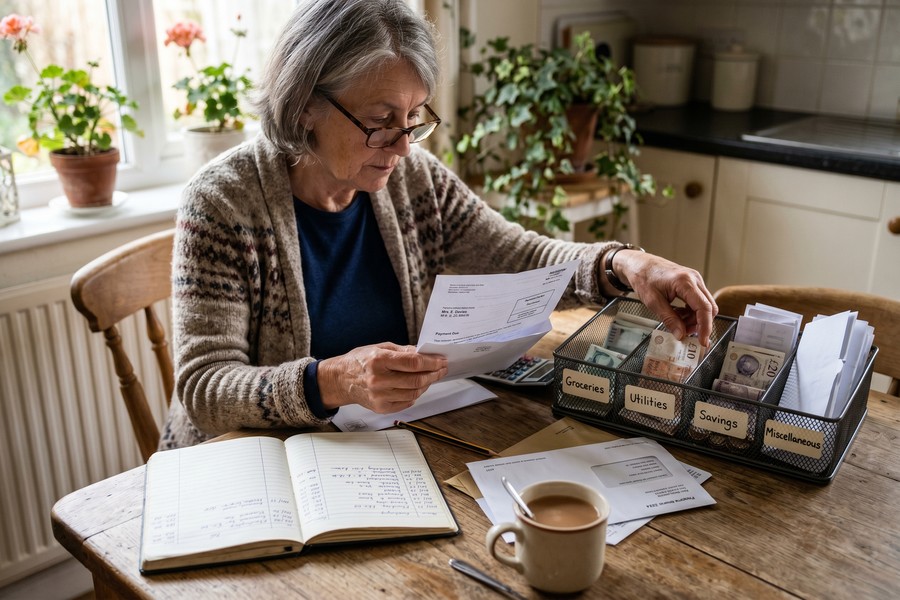 A widow sitting at a kitchen table reviewing financial documents and statements