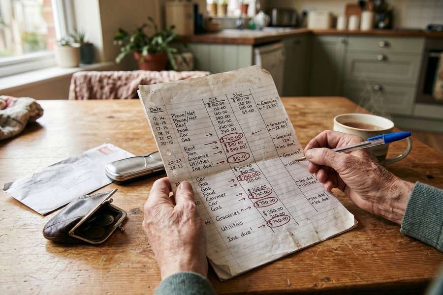 Close-up of a written monthly budget on paper with income and expense columns