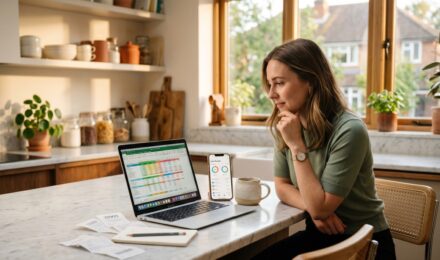 Side-by-side comparison of a budgeting app on a smartphone and a budget spreadsheet on a laptop screen