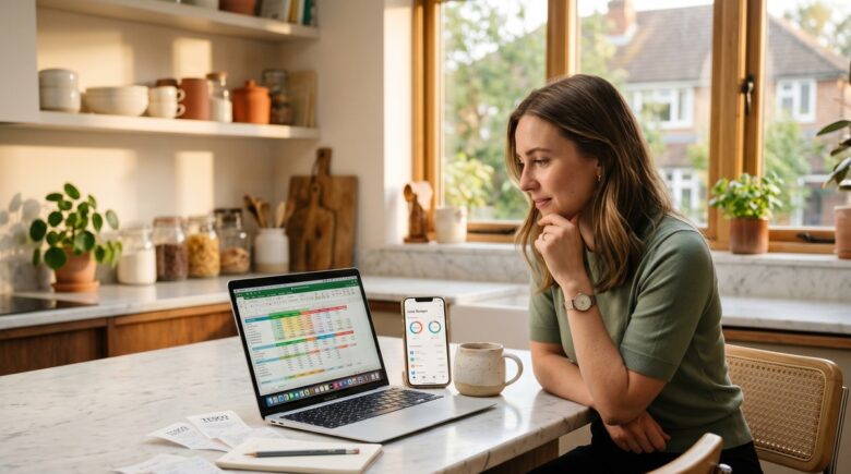 Side-by-side comparison of a budgeting app on a smartphone and a budget spreadsheet on a laptop screen