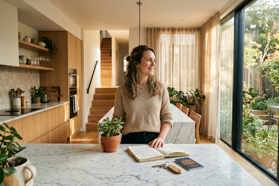 Person reviewing a personal budget spreadsheet on a laptop at a kitchen table