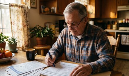 Retired couple reviewing monthly budget and cash flow on a fixed income at home