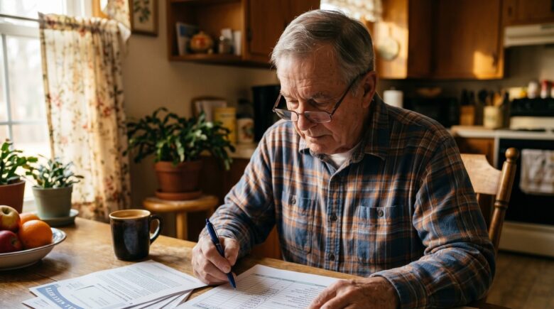Retired couple reviewing monthly budget and cash flow on a fixed income at home