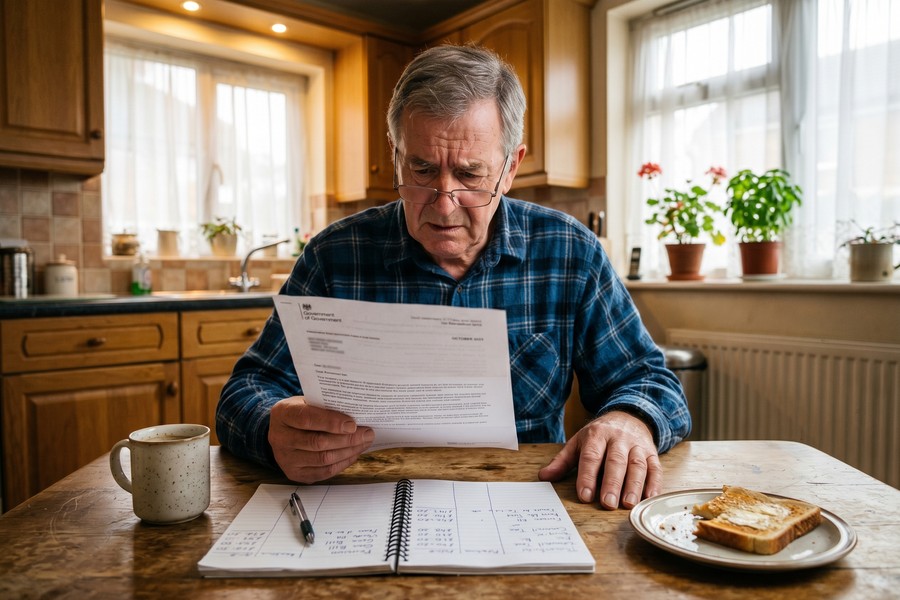 Retiree reviewing monthly budget spreadsheet at kitchen table with calculator and documents