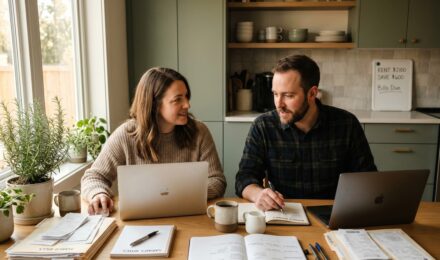 Couple reviewing a dual income budget plan side by side at a kitchen table with laptops and financial documents