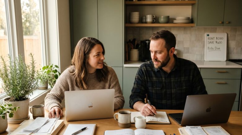 Couple reviewing a dual income budget plan side by side at a kitchen table with laptops and financial documents