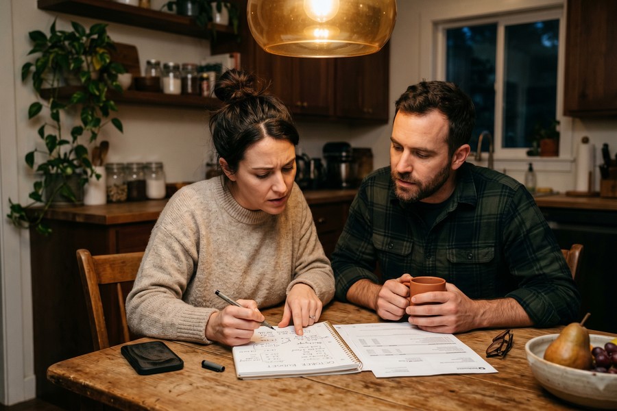 Side-by-side comparison chart showing 50/50 split versus proportional income split for a dual-income couple