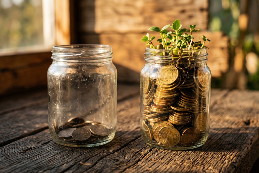 Infographic showing a dual-income couple's money flow from paychecks through individual accounts to joint account and separate retirement savings