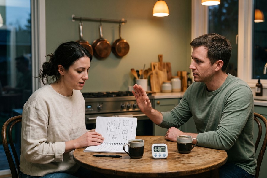 Two partners sitting at a kitchen table reviewing a budget spreadsheet on a laptop together