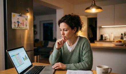 Single parent reviewing monthly budget spreadsheet to manage irregular child support payments