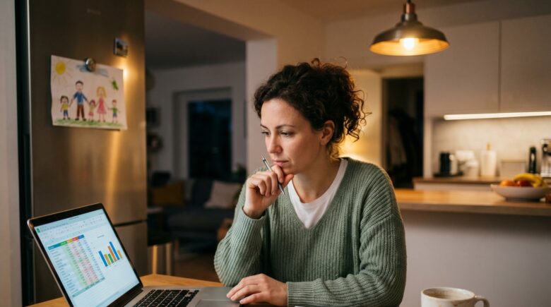 Single parent reviewing monthly budget spreadsheet to manage irregular child support payments