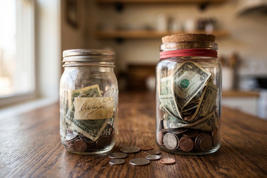 A split savings jar visual showing child support buffer fund separate from emergency fund