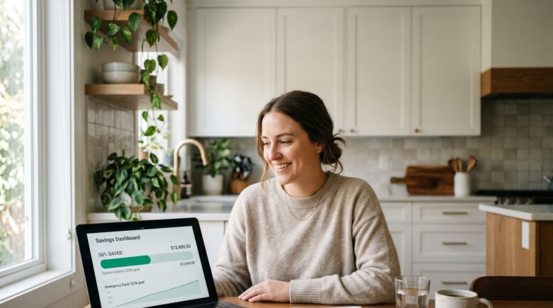Person building a six month emergency fund using a high-yield savings account on a laptop