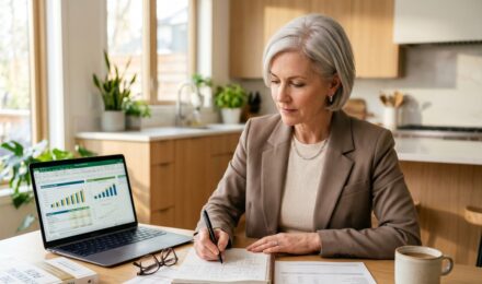 Person over 50 reviewing financial plan and investment documents at a desk