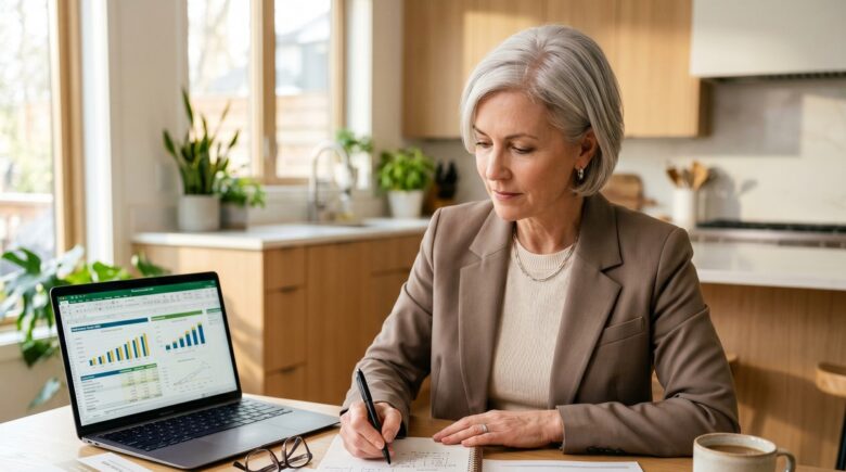 Person over 50 reviewing financial plan and investment documents at a desk