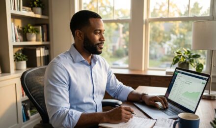 Person reviewing financial plan and investment accounts at a desk to build wealth on a W-2 job