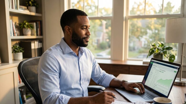Person reviewing financial plan and investment accounts at a desk to build wealth on a W-2 job