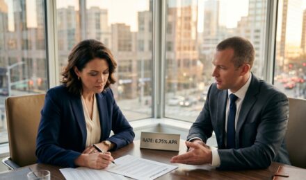 Business buyer reviewing acquisition loan documents with prime rate chart on desk