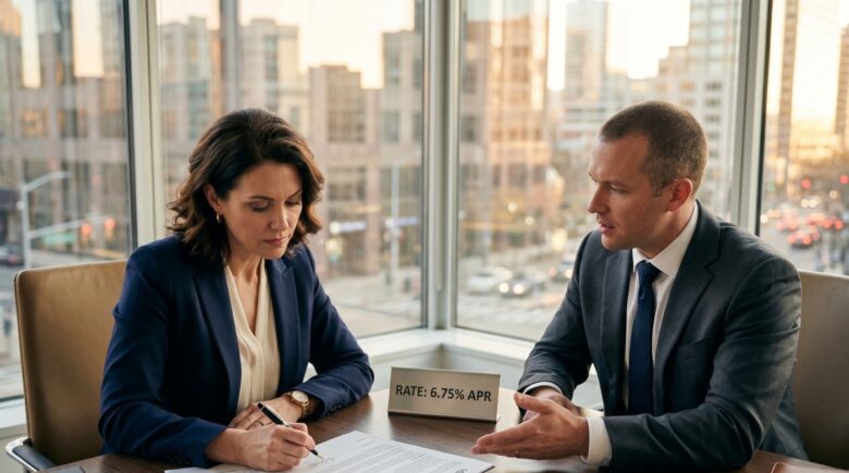 Business buyer reviewing acquisition loan documents with prime rate chart on desk