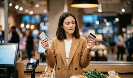 Person holding cash in one hand and a credit card in the other, deciding which to use for smarter spending