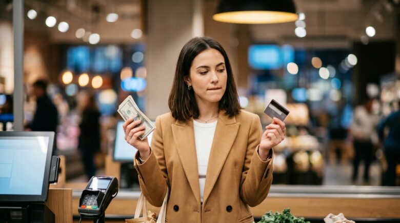 Person holding cash in one hand and a credit card in the other, deciding which to use for smarter spending