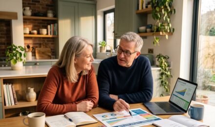 Couple reviewing retirement plan documents together at a kitchen table