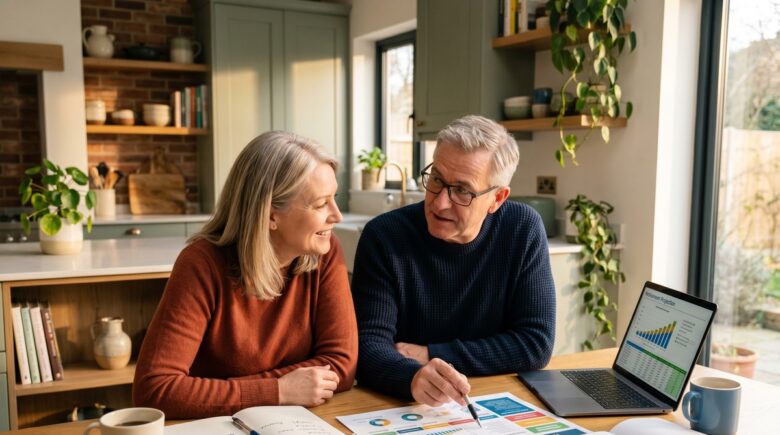 Couple reviewing retirement plan documents together at a kitchen table